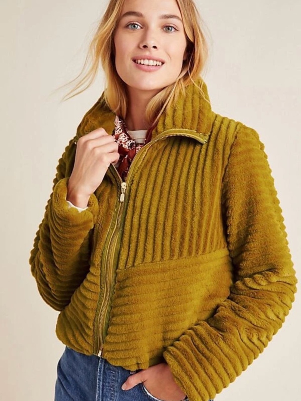 Anthropologie Natasha Faux Fur Jacket Sz Small Bomber Maize Mustard